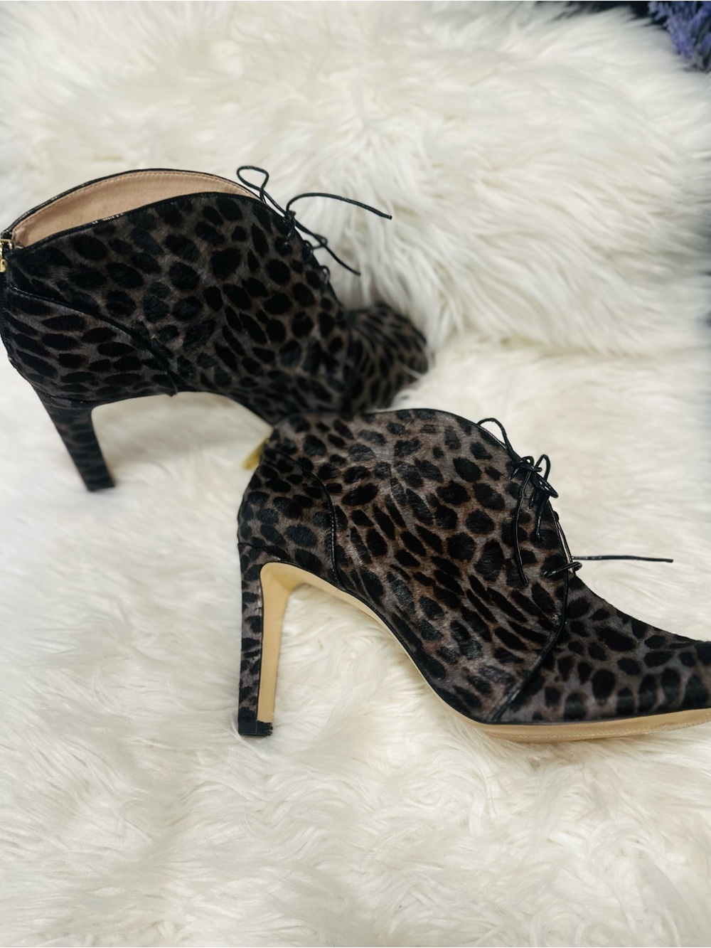 Louise et Cie Animal Print Real Calf Fur Peep Toe Lace Up Ankle Boots 11.5
